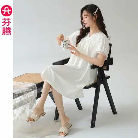 芬腾睡裙女夏季纯棉短袖睡衣裙法式高级感夏天薄款宽松家居服中裙商品大图
