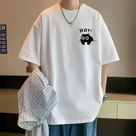 短袖t恤男夏季新款小猫咪印花宽松半袖美式高街潮牌重磅纯棉上衣商品大图