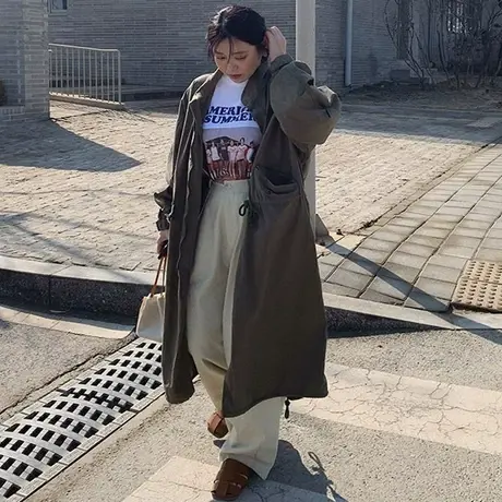 纯诗曼秋季女装新款风衣中长款韩版宽松大码休闲过膝立领时尚外套图片