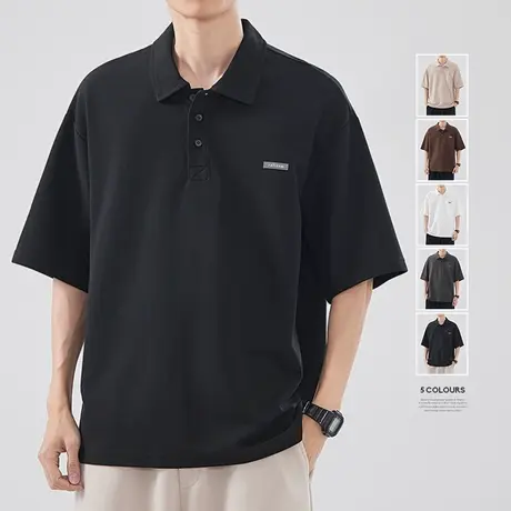 hansca 250g美式黑色短袖polo衫男士夏季高端宽松休闲翻领t恤上衣商品大图