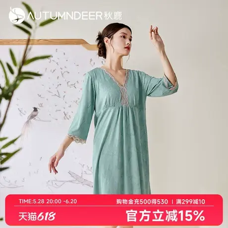 秋鹿针织提花棉睡衣女夏薄款新中式国风蕾丝花边七分袖家居服睡裙商品大图
