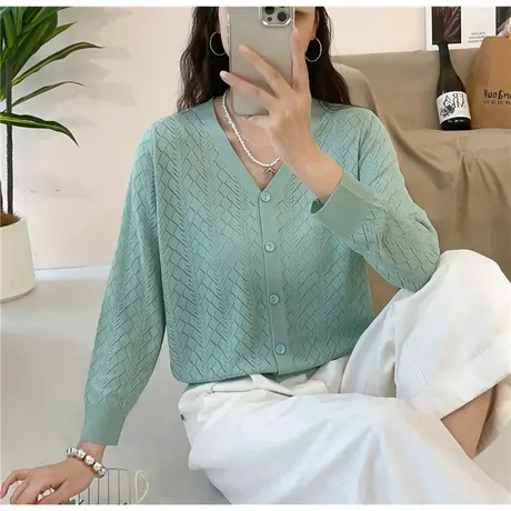 夏季薄款女士冰丝针织开衫外套女2025新款空调防晒衫短款镂空上衣商品大图