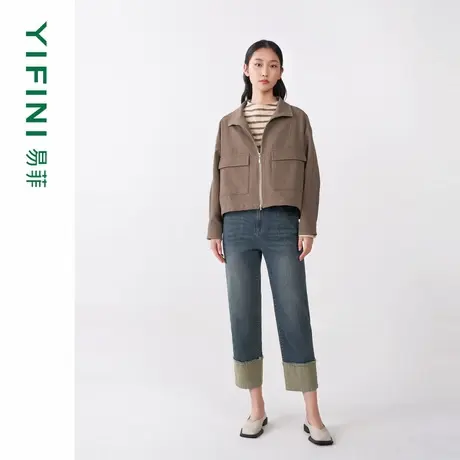 [专柜同款]Yifini/易菲截短款宽松大口袋机车服女时尚百搭外套图片