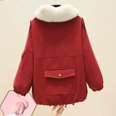 加绒加厚棉衣女短款冬季韩版宽松时尚仿兔毛领派克服减龄棉外套潮商品大图