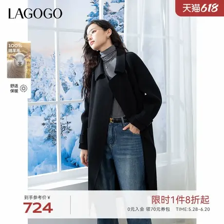 100%绵羊毛LAGOGO牛角扣中长款大衣女拉谷谷2024冬新款黑色双面呢图片