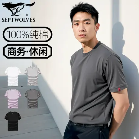 七匹狼100%纯棉上衣运动透气汗衫重磅棉体恤通勤T恤衫基础款白T夏商品大图