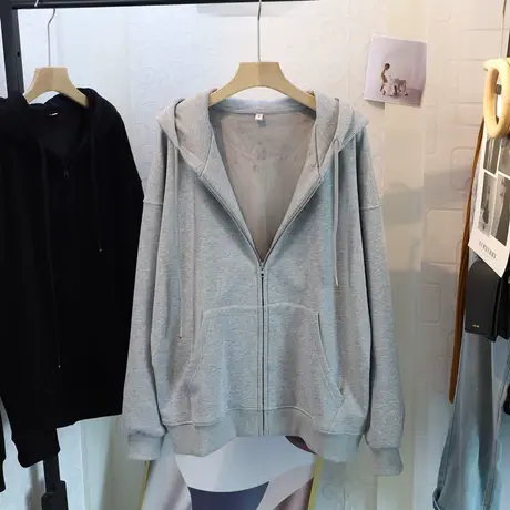 拉链连帽加绒卫衣女中长款开衫加厚ins超火2022年新款秋冬季外套图片