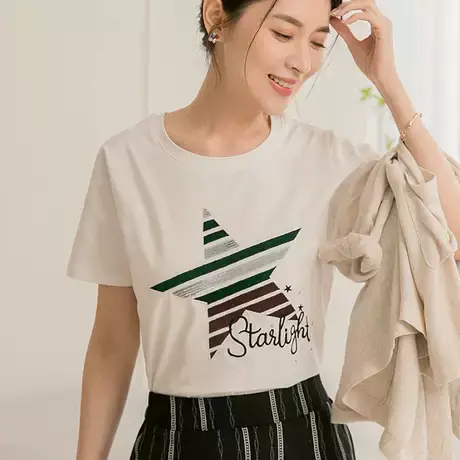 桔熊夏季运动休闲亮片刺绣星星短袖上衣透气合身t恤女大码AB16846商品大图