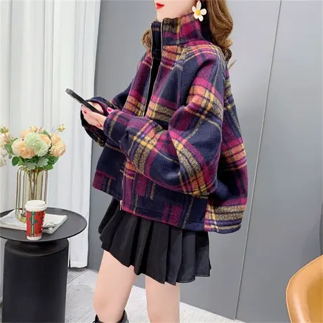 短款加厚格子磨毛外套女2022年新款秋冬宽松慵懒风小个子毛呢上衣图片