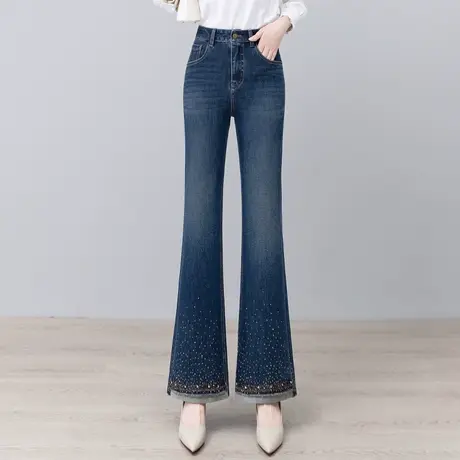 高腰显瘦刺绣牛仔微喇裤女春秋新款烫钻喇叭裤翻边百搭休闲马蹄裤商品大图