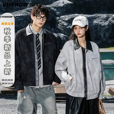 VIISHOW美式拼色翻领工装外套男早秋新款麂皮绒做旧夹克休闲上衣商品大图
