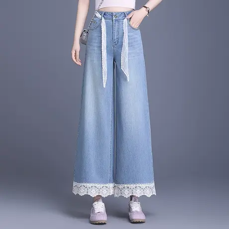 2025夏季新款蕾丝花边牛仔裤女小众高腰宽松阔腿裤百搭九分休闲裤商品大图