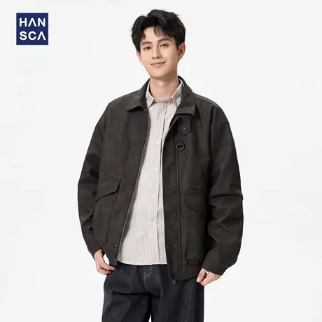 hansca美式复古机车皮衣外套男痞帅街头潮流宽松大码翻领工装夹克图片