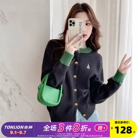 唐狮2025秋冬毛衣女灰色百搭精致刺绣圆领针织开衫外套高级感时尚商品大图