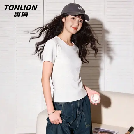 唐狮官方圆领短袖t恤女2026新款夏正肩白色打底衫半袖修身上衣VC图片