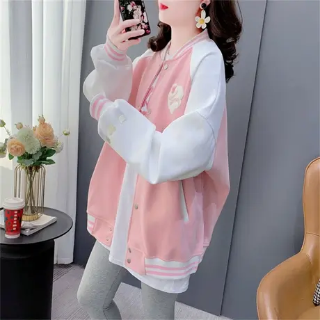 粉色学院风棒球服卫衣开衫女春季2023新款宽松设计感拼色甜美外套商品大图