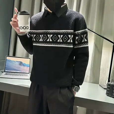 冬季新款拼接衬衫领毛衣假两件男民族风韩版修身针织打底衫毛线衣商品大图