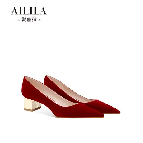 爱丽拉粗跟红色结婚鞋女2023新款不累脚高级感绒面秀禾新娘高跟鞋商品大图