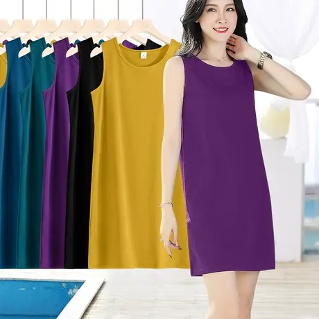 螺纹宽松直筒连衣裙女士夏季中长款无袖圆领背心裙显瘦遮肚子百搭图片