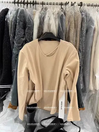 韩国东大门2023冬季新款韩系百搭宽松V领纯色开衩垫肩长袖T恤女商品大图