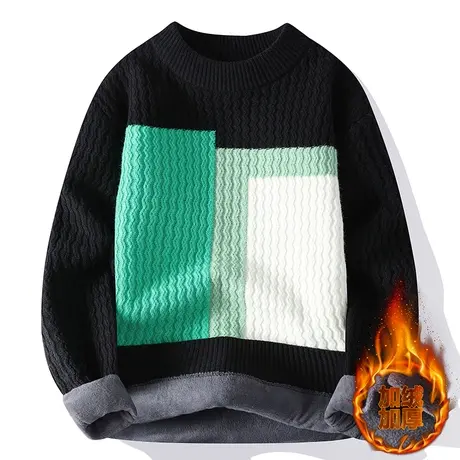 拼接圆领套头加绒毛衣男士2023新款秋冬季潮秋季青少年宽松针织衫商品大图