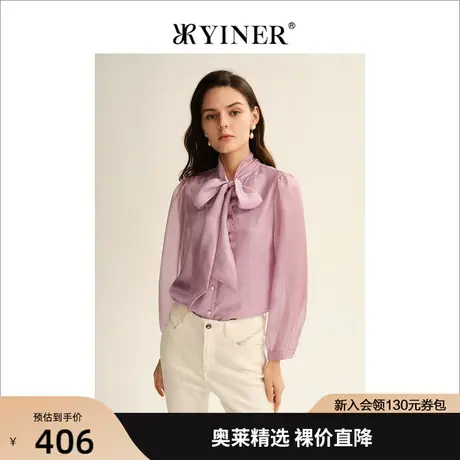 YINER音儿女装2022秋季新款泡泡袖上衣蝴蝶结雪纺衬衫商品大图