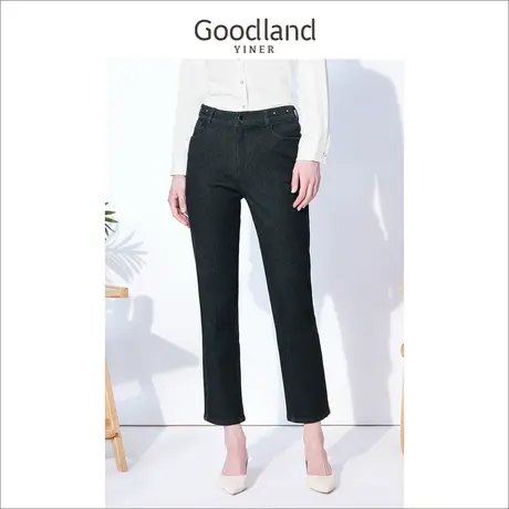 *Goodland美地女装冬季羊毛混纺高腰直腿小脚裤牛仔裤图片
