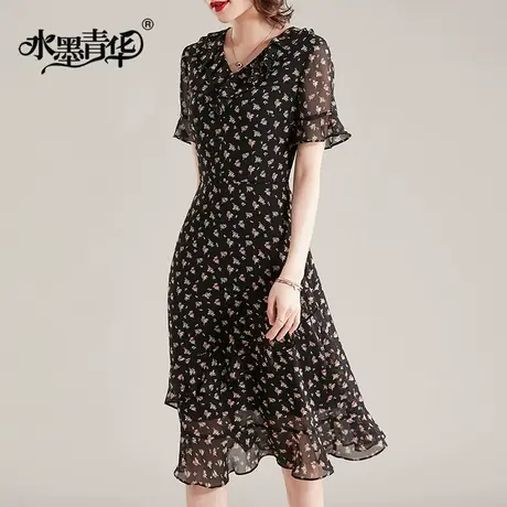 水墨青华夏季新品时尚柔软雪纺连衣裙中长款短袖洋气花色裙子商品大图