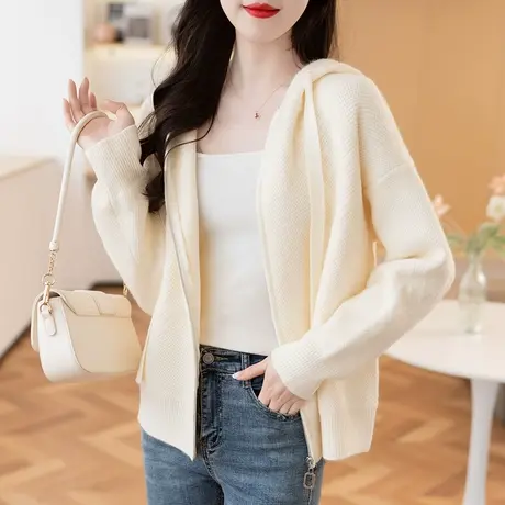 2023秋装新款韩版宽松纯色连帽针织衫女百搭长袖拉链毛衣开衫外套商品大图