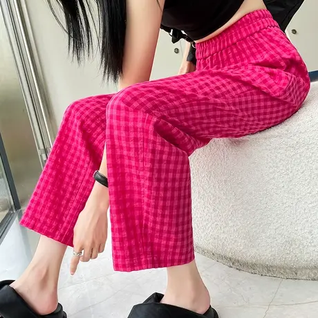 粉红色格子裤女夏季薄款小个子九分宽松直筒显瘦休闲泡芙阔腿裤子商品大图