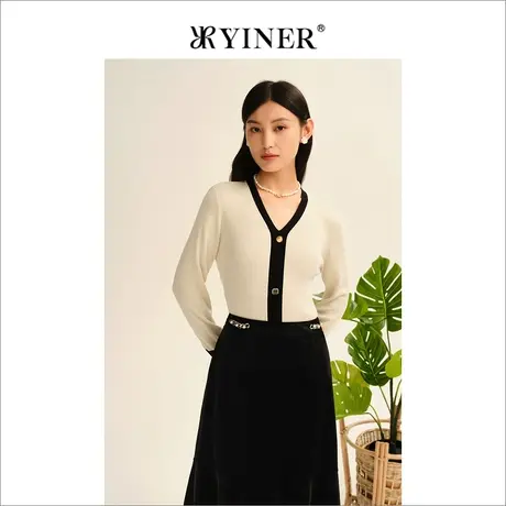 YINER音儿女装2022秋季新款含羊毛桑蚕丝法式针织开衫商品大图