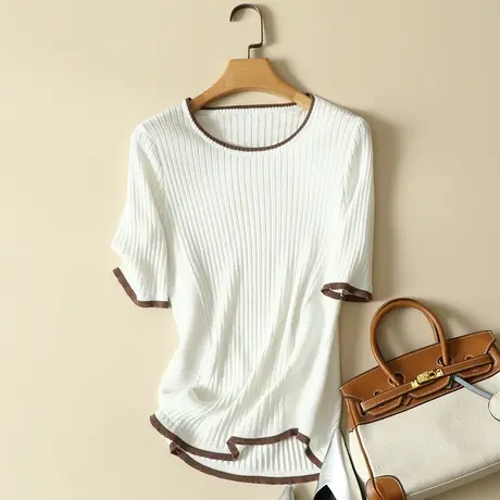 短袖t恤女装2024春夏新款冰丝针织衫女套头宽松韩版打底衫女上衣商品大图