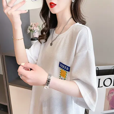小众设计感短袖t恤女夏季韩版宽松大码女装中长款华夫格简约上衣图片