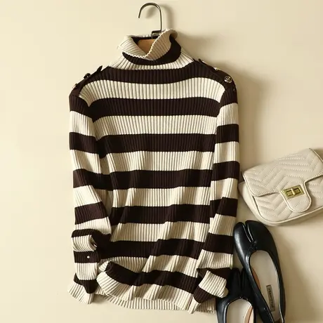 堆堆高领毛衣打底衫女士内搭秋冬2022年新款条纹洋气加厚针织上衣商品大图