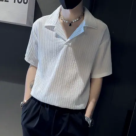 男纯色条纹衬衫短袖宽松落肩发型师中袖潮流休闲帅气ins百搭衬衣商品大图