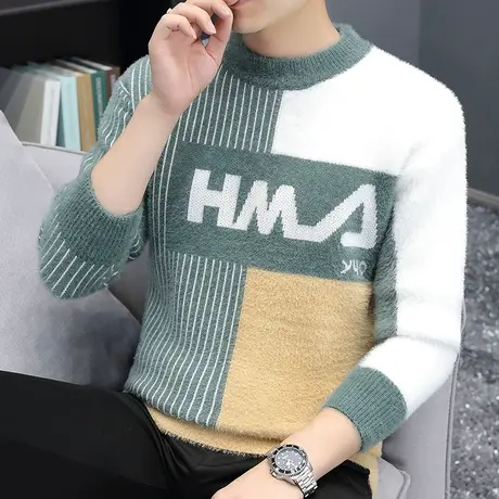 毛衣男士2022秋冬季新款提花条纹撞色保暖加厚水貂绒针织衫男装潮商品大图