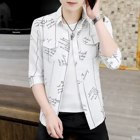 潮流中袖衬衫男士夏季韩版学生薄外套帅气修身冰感夏装七分袖衬衣商品大图