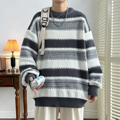撞色条纹毛衣男士秋冬款慵懒风针织衫男外套新款加厚保暖毛线衣服商品大图