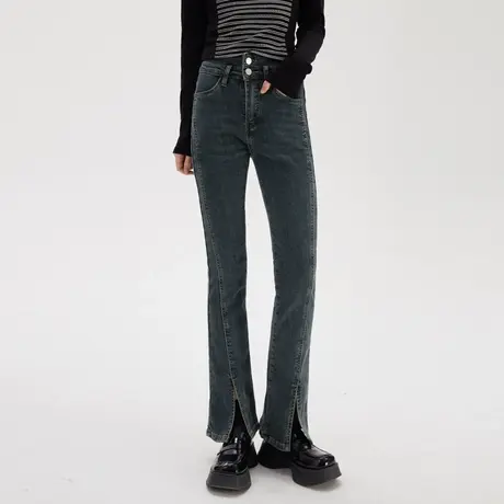 尔给微喇裤2022新款高腰显瘦紧身开叉微喇裤薄绒抓绒牛仔裤女秋冬商品大图