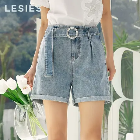 蓝色倾情 夏女装 浅蓝色水钻扣系带折边百搭淑女牛仔裤图片