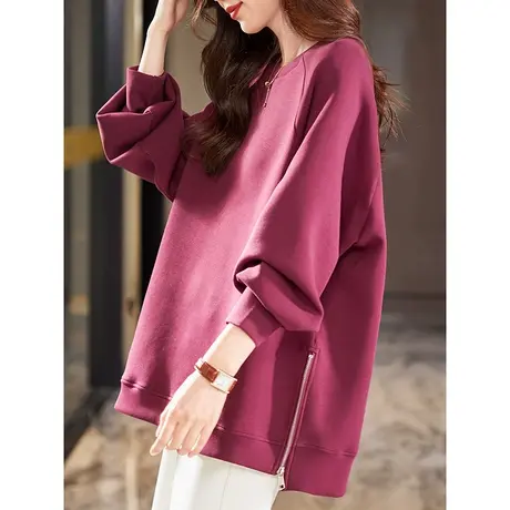 宝诗黎圆领宽松慵懒卫衣女时尚韩版纯色拉链开叉上衣2023秋季新款商品大图