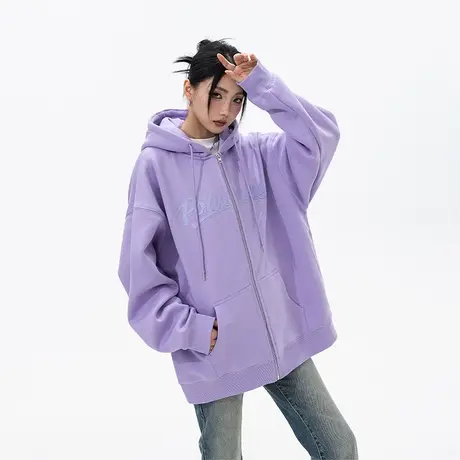 YEP美式复古印花拉链开衫连帽卫衣女春秋宽松oversize外套上衣商品大图