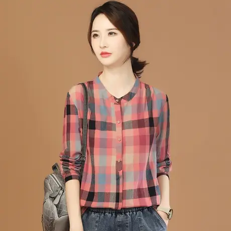 韩潮袭人高级感立领格子长袖衬衣女2024春季新款气质衬衫设计感商品大图