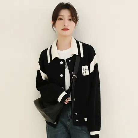 韩潮袭人美式复古翻领棒球服女2023冬季新款休闲毛衣开衫外套厚图片