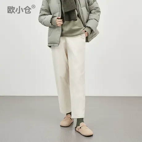 欧小仓氛围感白裤子 大骨架梨型友好九分裤 都市复古灯芯绒奶奶裤图片