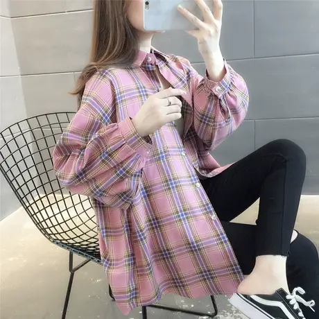 2023年秋季新款韩版宽松全棉中长款格子衬衫女时尚上衣衬衣外套潮商品大图
