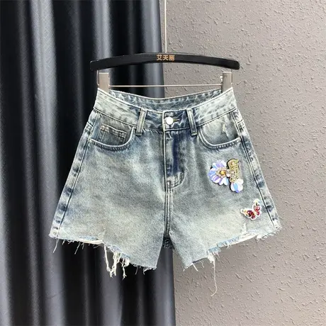 欧洲站2023秋季新款浅蓝色个性钉珠高腰显瘦阔腿裤女时尚牛仔短裤图片