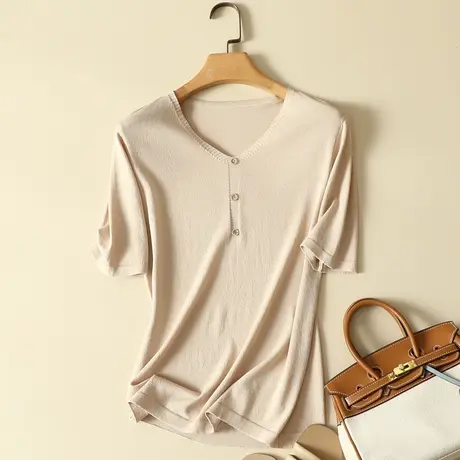 冰丝针织衫女装春装2024年新款V领宽松套头短袖t恤女打底薄款上衣商品大图