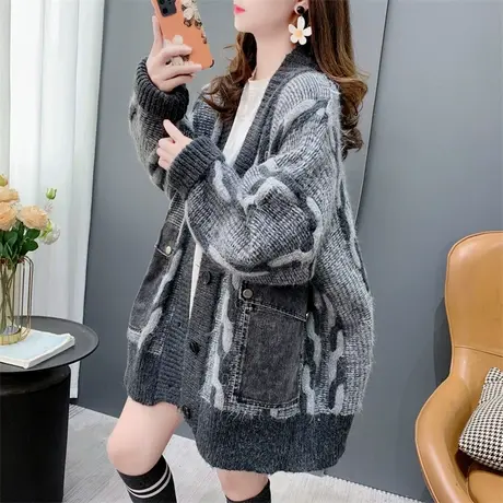 欧货大版加厚毛衣开衫女中长款2023年新款秋冬宽松慵懒风针织外套图片