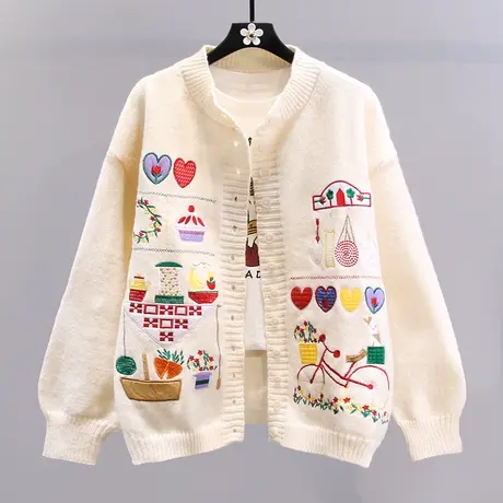 日系卡通复古刺绣毛衣外套女秋冬2023新款宽松学院风减龄针织开衫商品大图